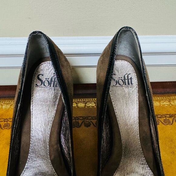 Sofft Rembrandt Taupe Gray Suede Patent Leather Peep Toe Bow Heels Pumps 10 NEW - Picture 5 of 12